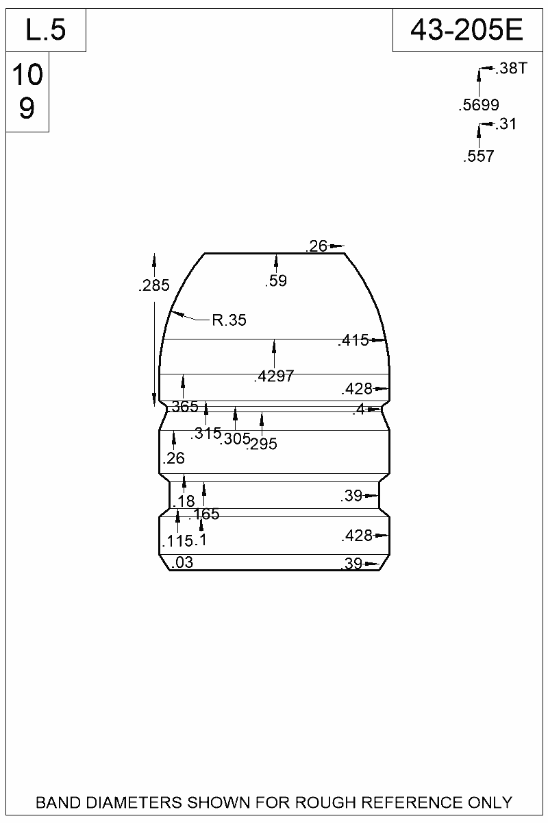 Accurate Molds catalog #43-205E Dimensioned view of bullet 43-205E