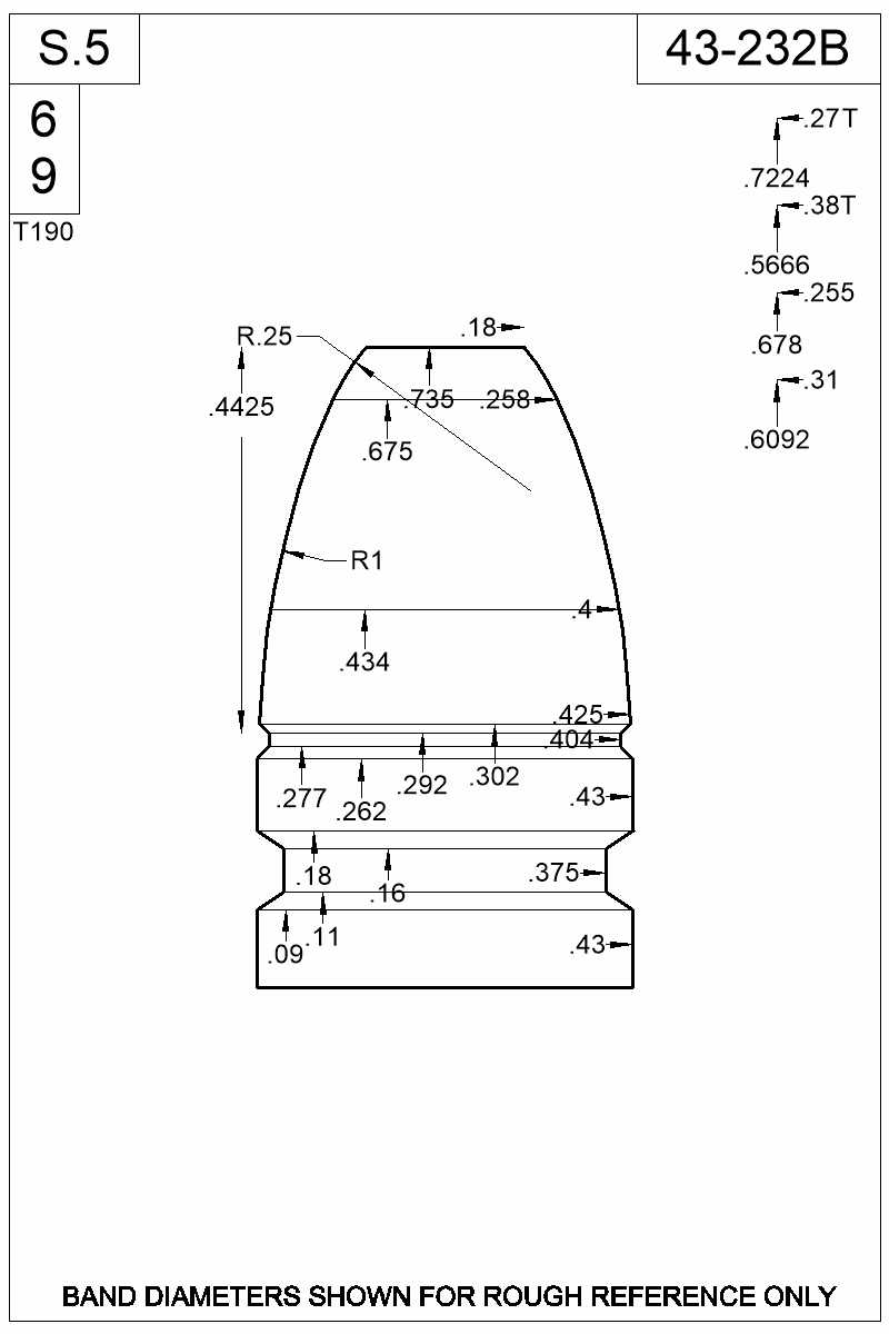Dimensioned view of bullet 43-232B