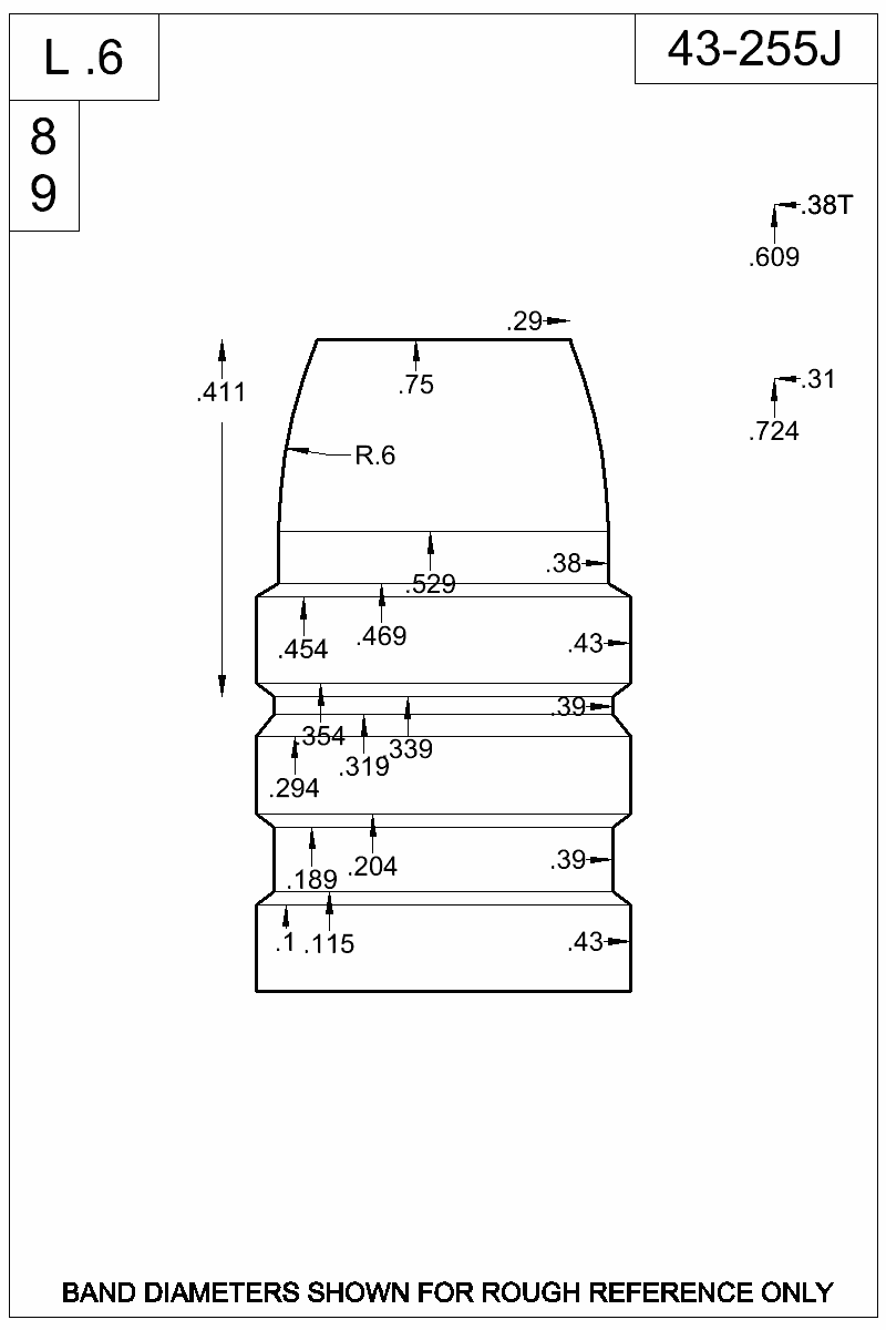 Dimensioned view of bullet 43-255J