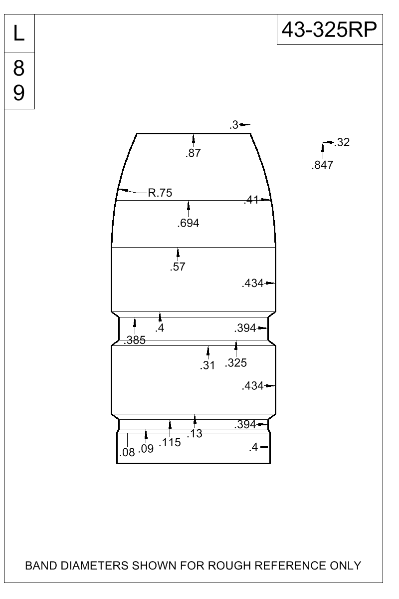 Dimensioned view of bullet 43-325RP