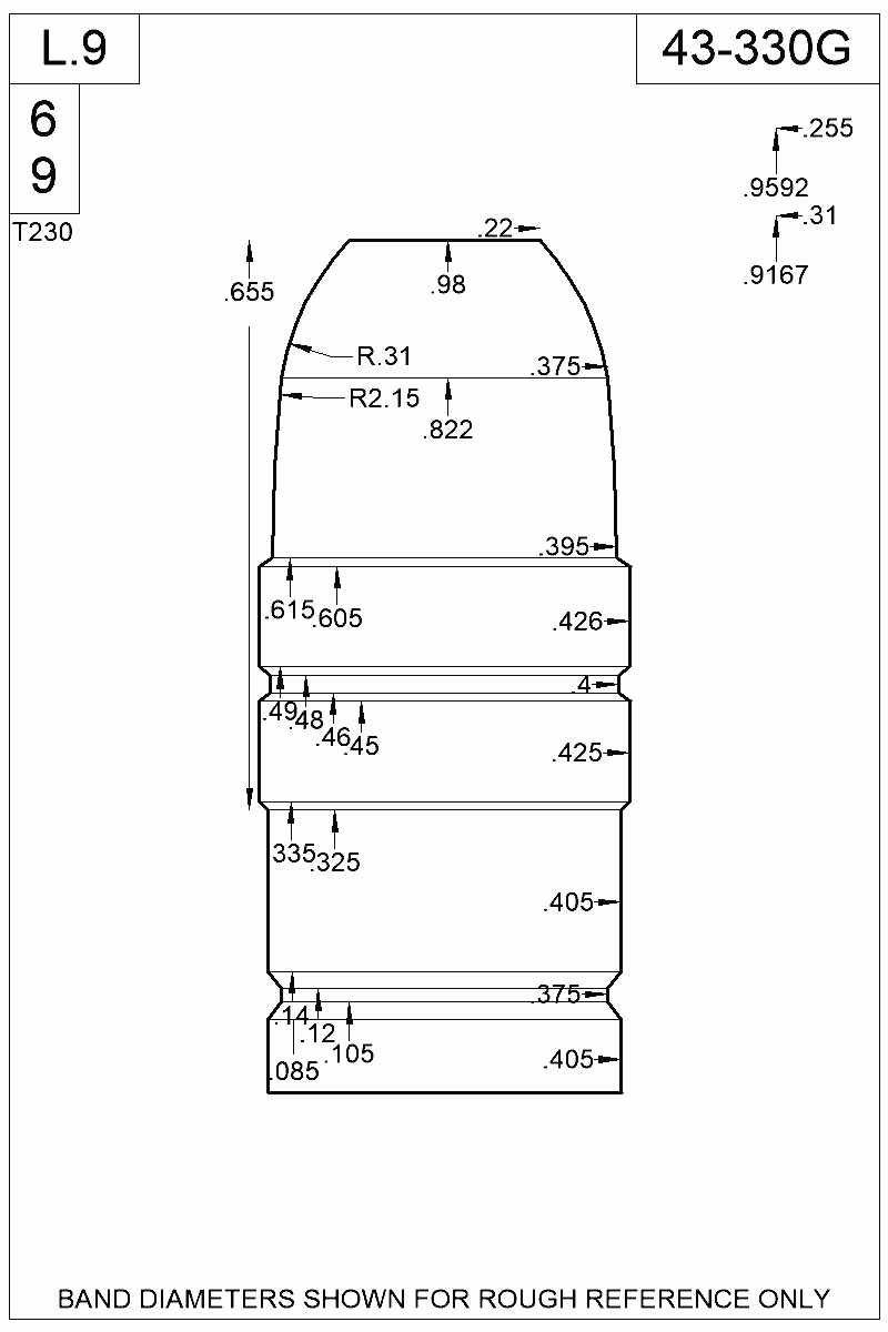 Dimensioned view of bullet 43-330G