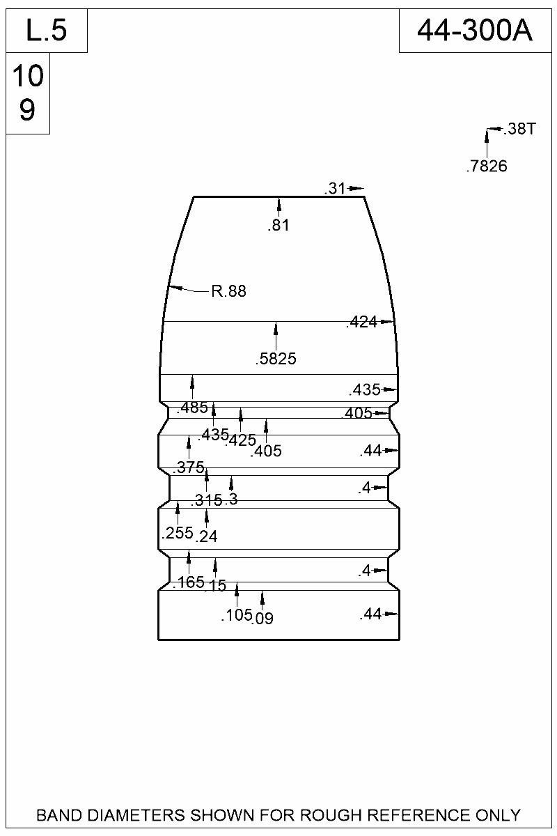 Dimensioned view of bullet 44-300A