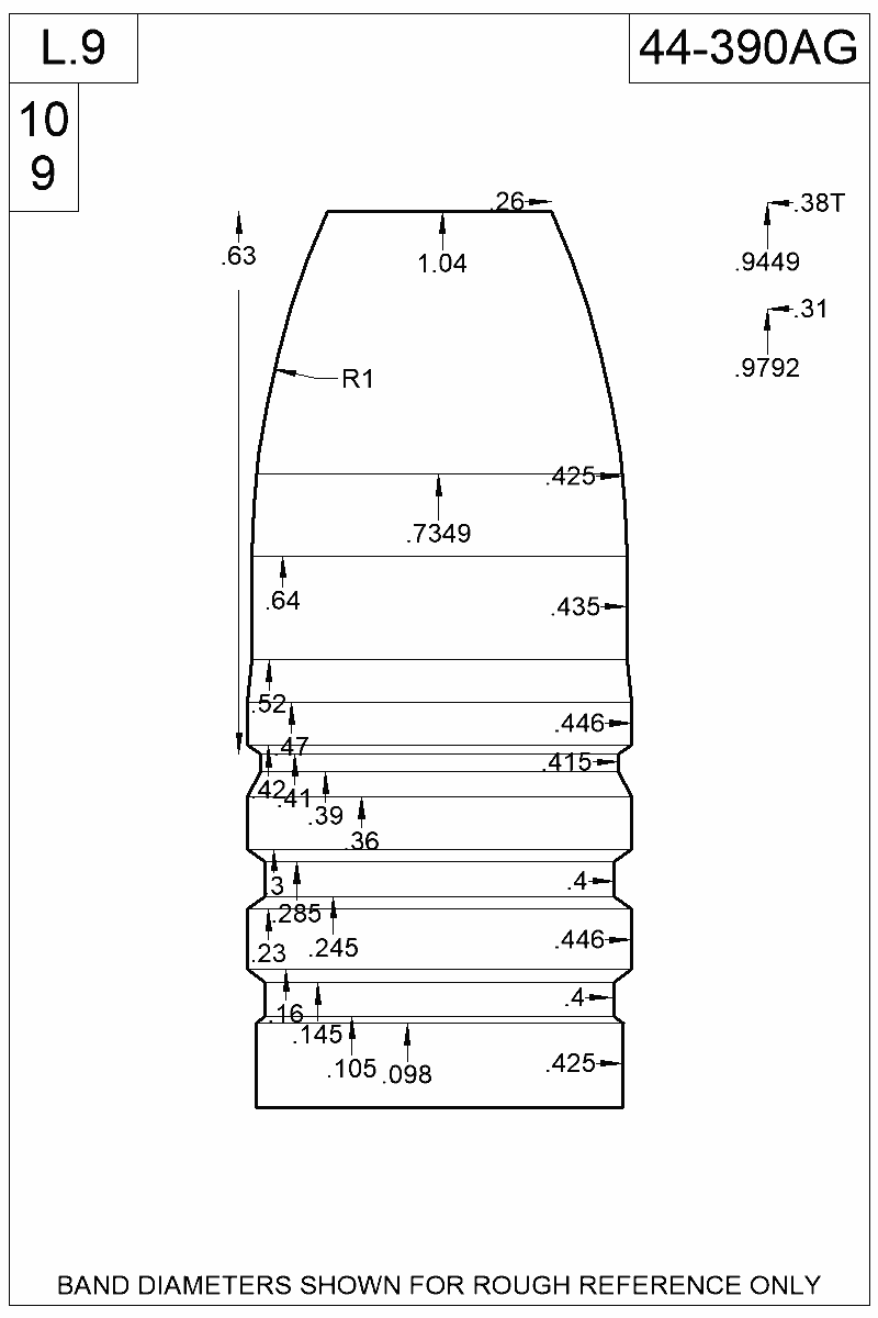 Dimensioned view of bullet 44-390AG
