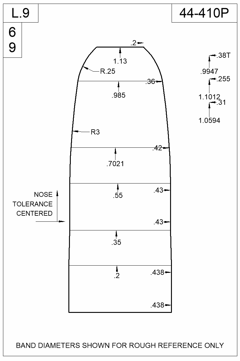 Dimensioned view of bullet 44-410P