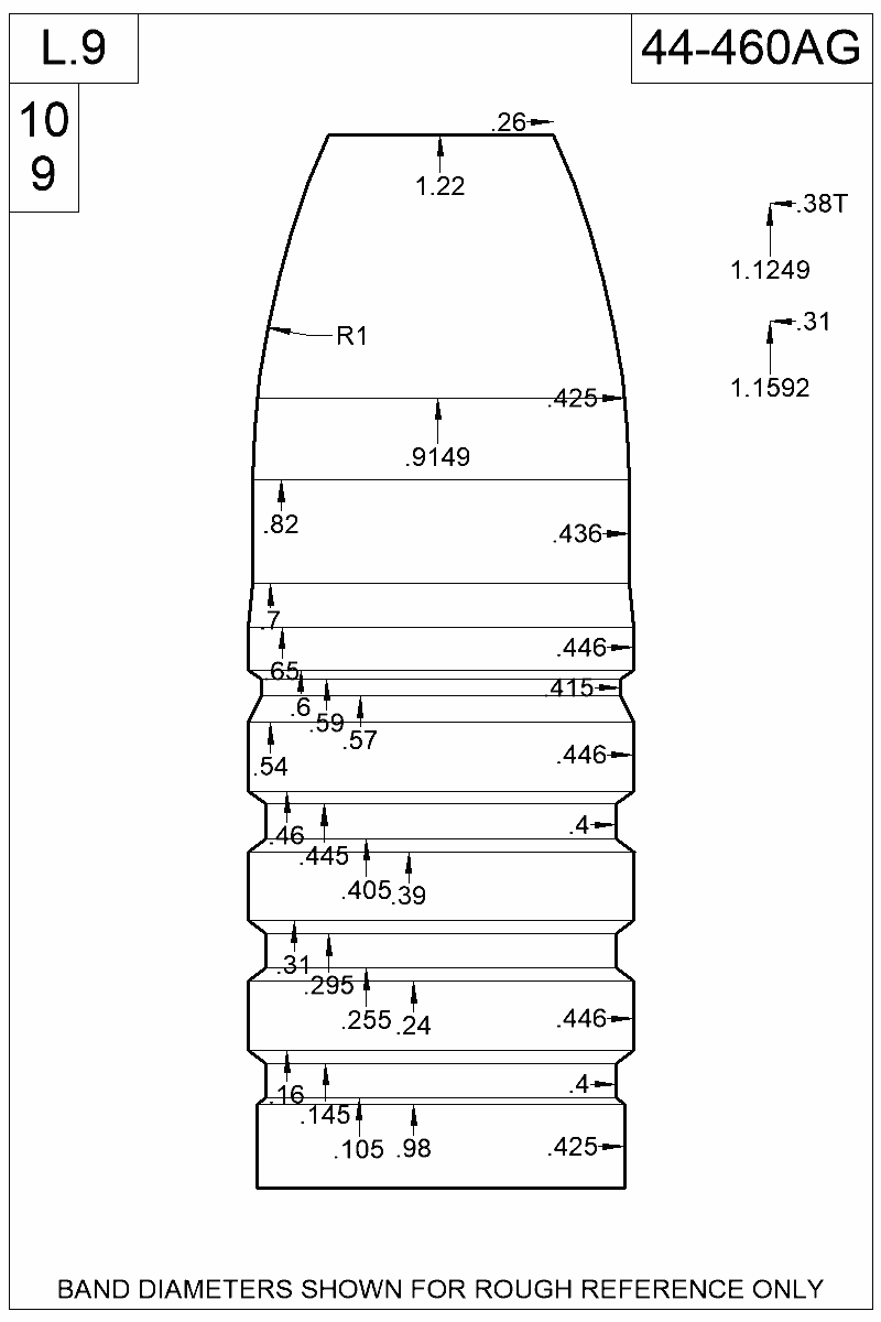 Dimensioned view of bullet 44-460AG