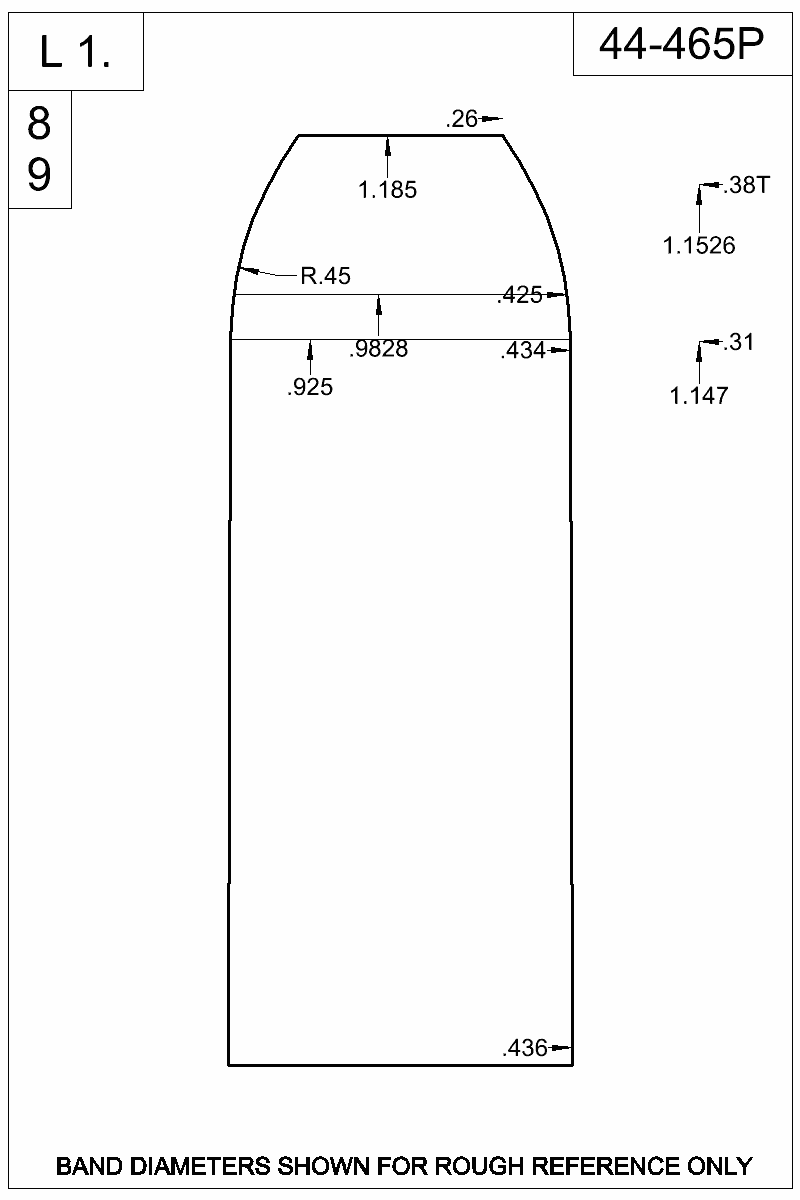 Dimensioned view of bullet 44-465P