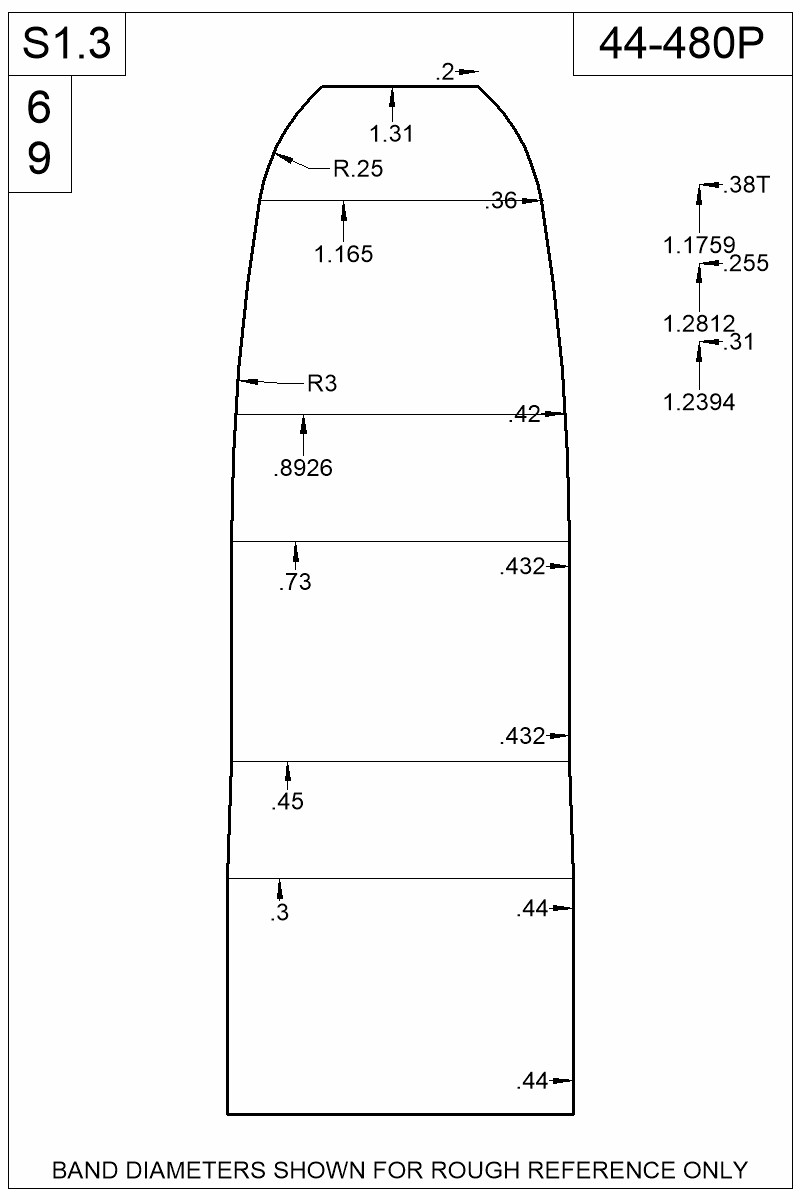 Dimensioned view of bullet 44-480P