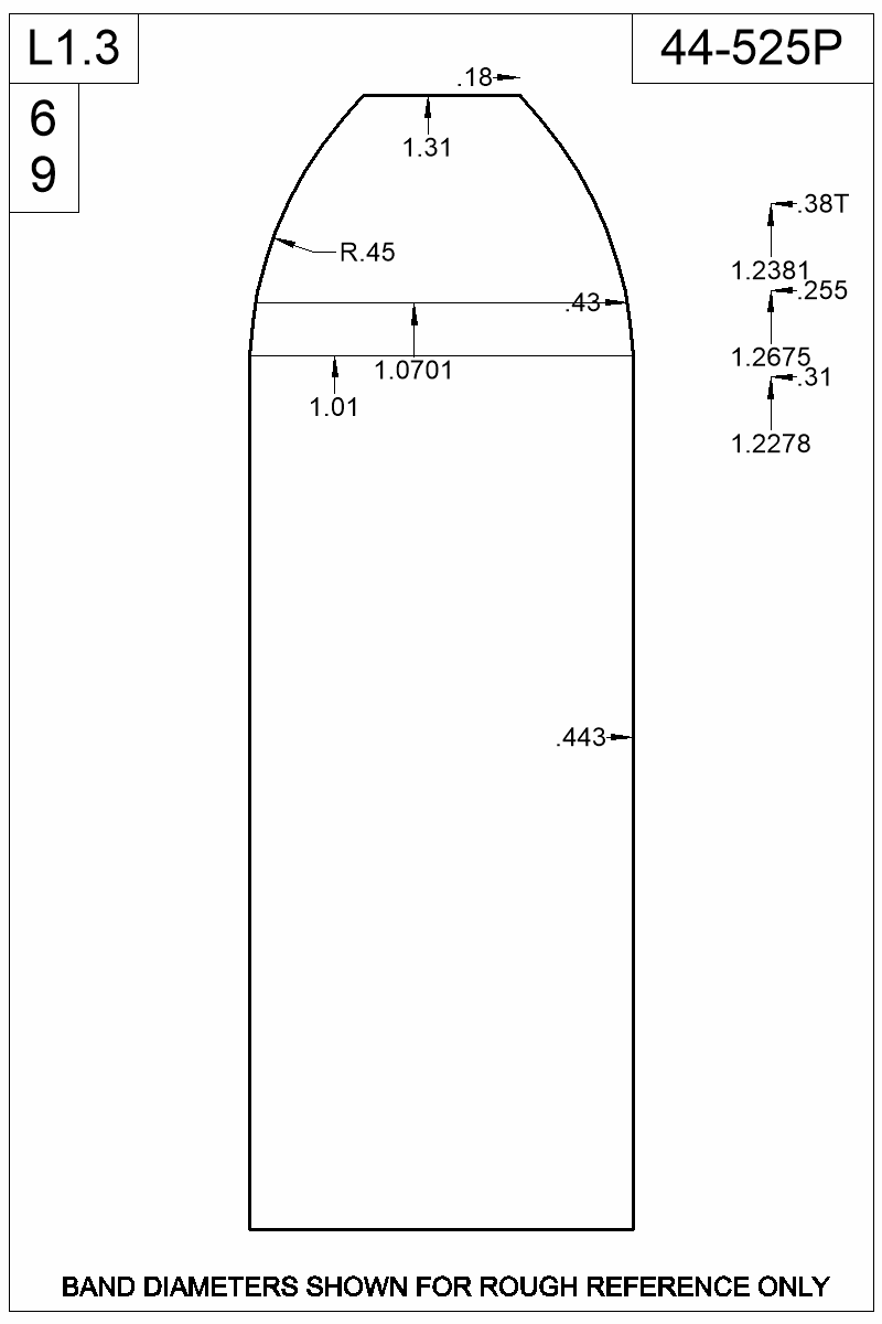Dimensioned view of bullet 44-525P