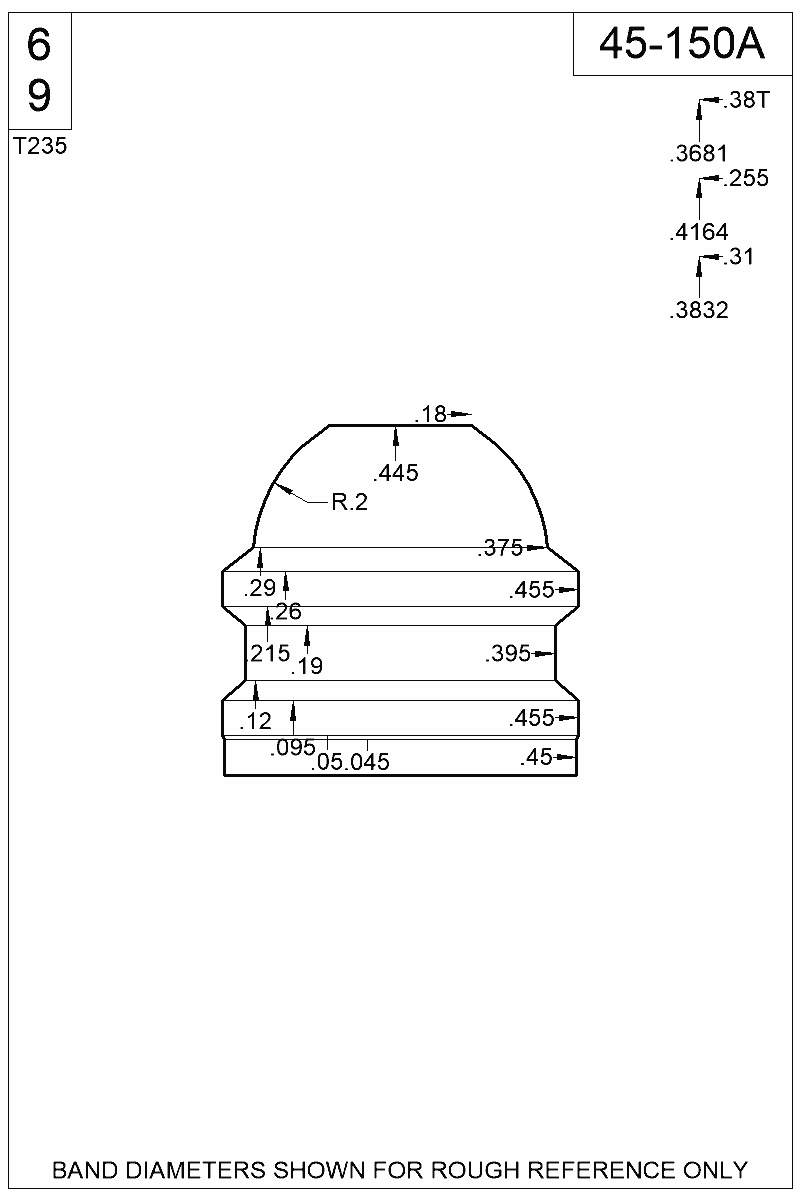 Dimensioned view of bullet 45-150A