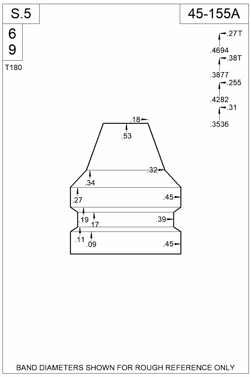 Dimensioned view of bullet 45-155A