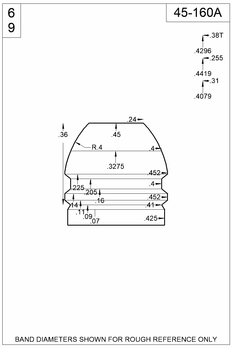 Dimensioned view of bullet 45-160A