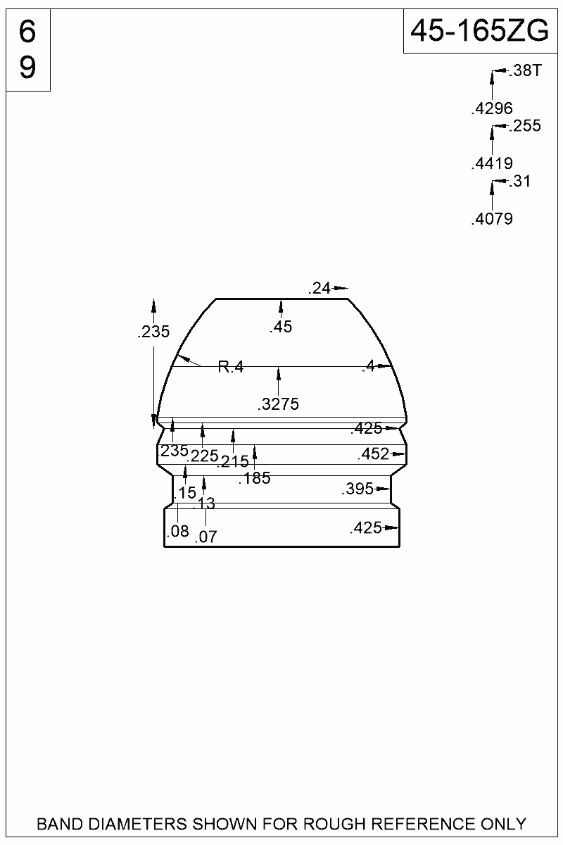 Dimensioned view of bullet 45-165ZG
