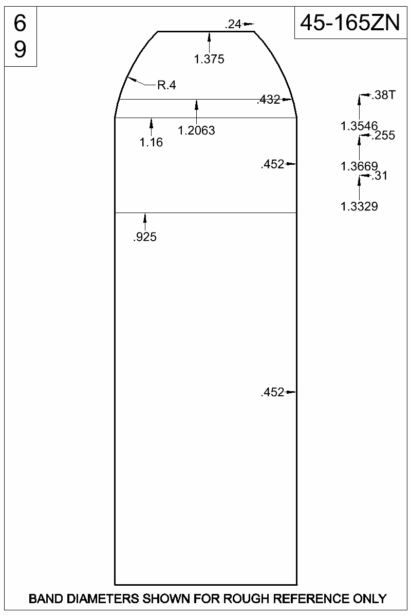 Dimensioned view of bullet 45-165ZN