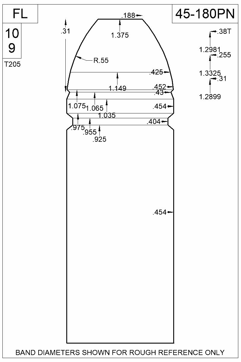 Dimensioned view of bullet 45-180PN