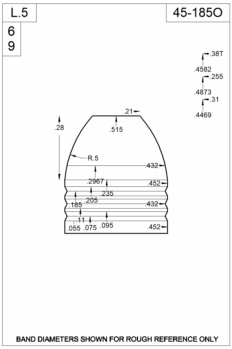 Dimensioned view of bullet 45-185O