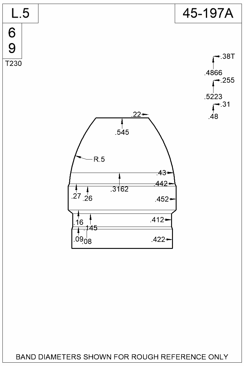 Dimensioned view of bullet 45-197A