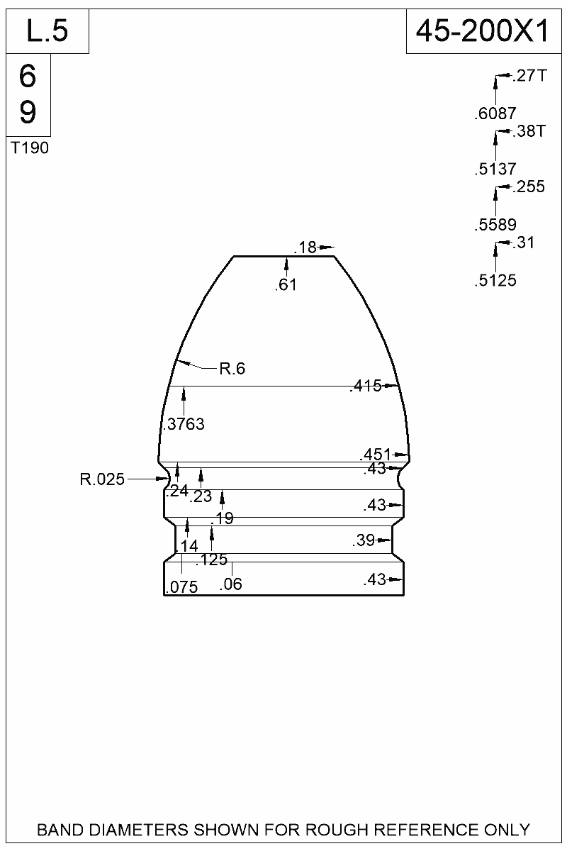 Dimensioned view of bullet 45-200X1