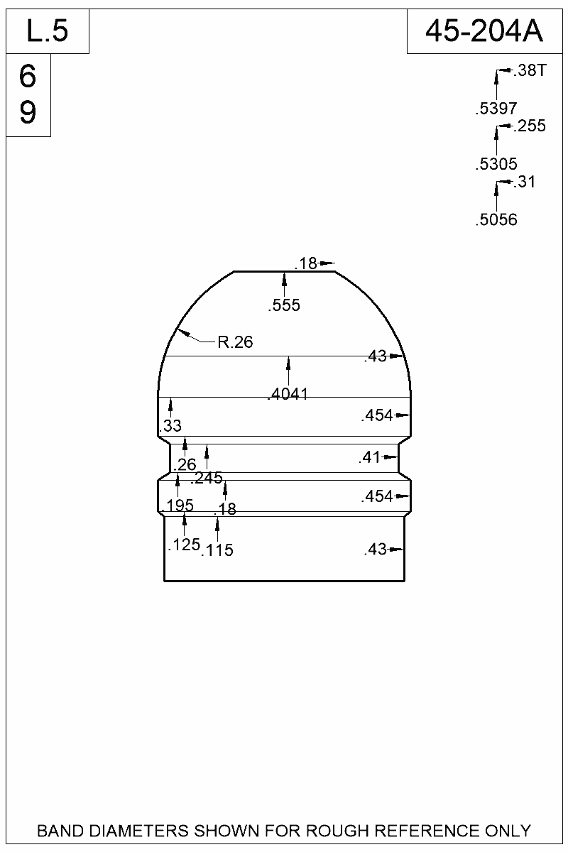 Dimensioned view of bullet 45-204A
