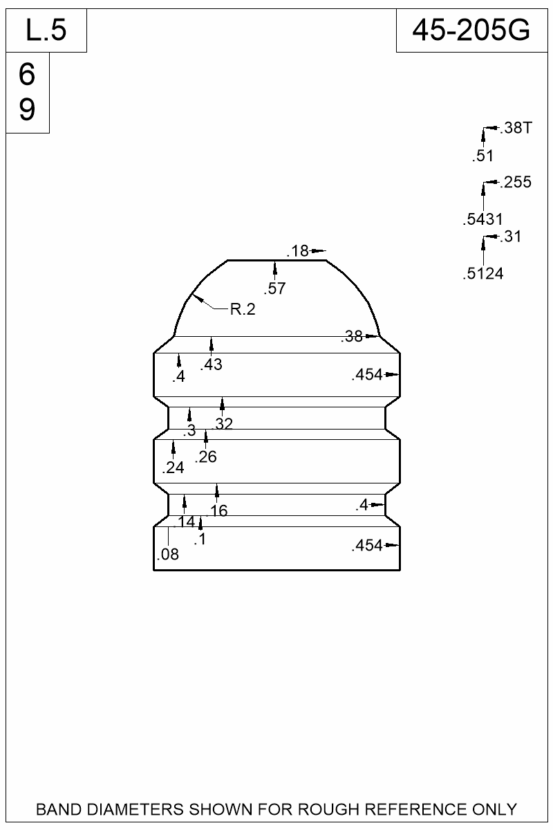 Dimensioned view of bullet 45-205RP