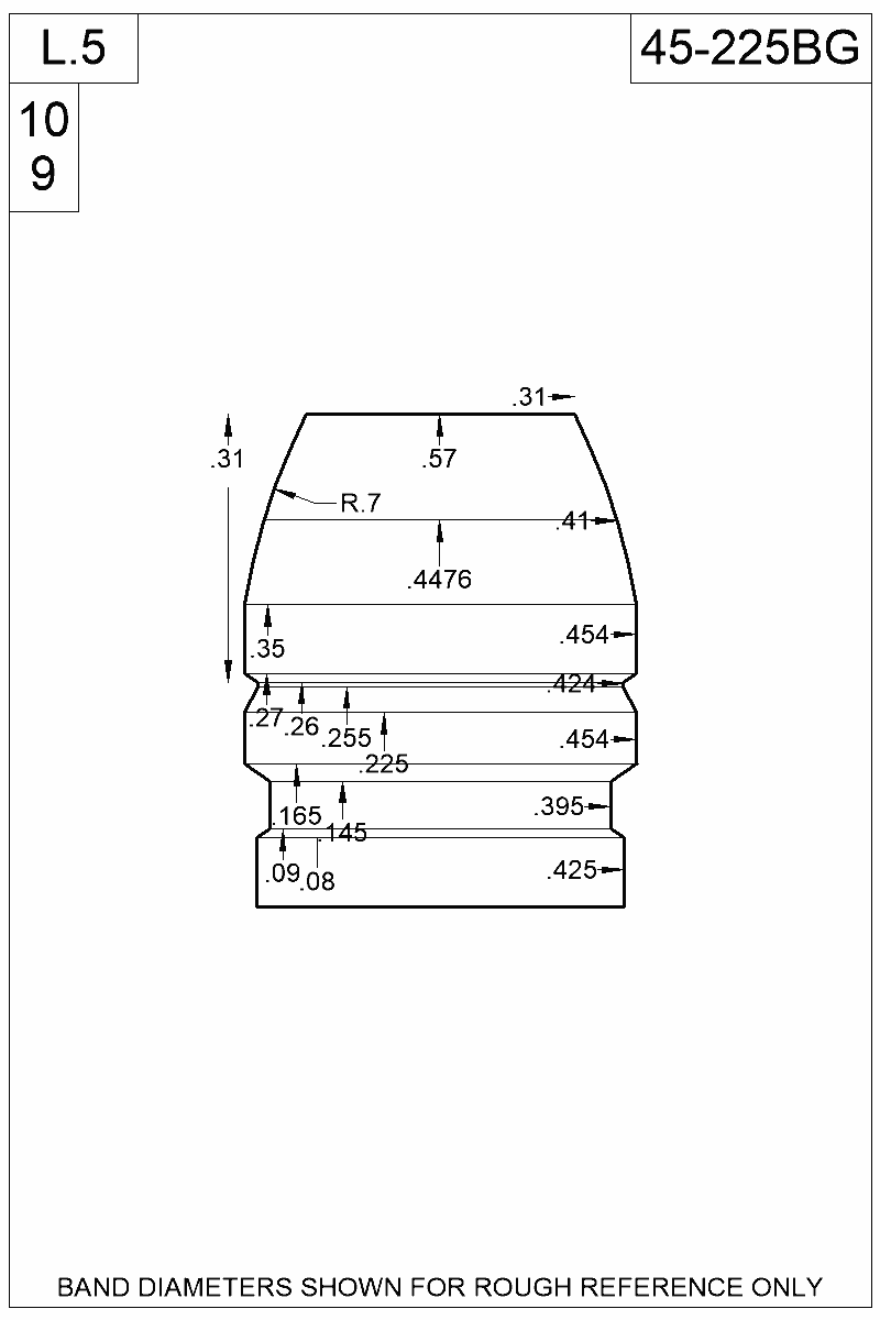 Accurate Molds catalog #45-225BG Dimensioned view of bullet 45-225BG