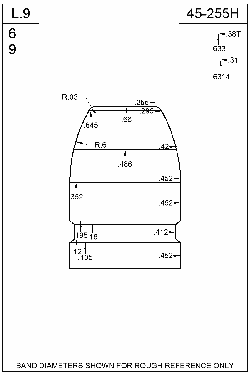 Dimensioned view of bullet 45-255H