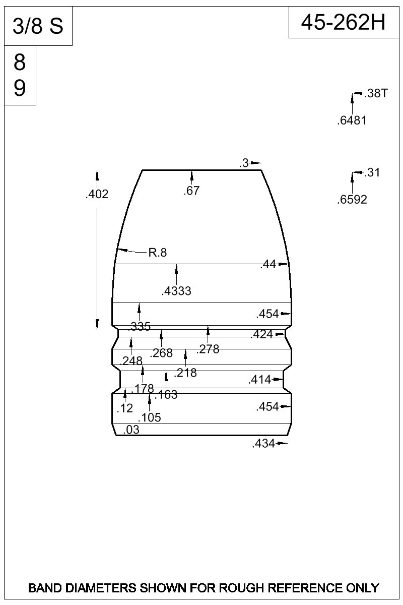 Dimensioned view of bullet 45-262H
