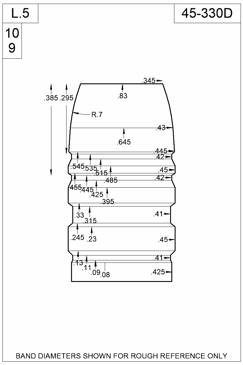 Accurate Molds catalog #45-330D Dimensioned view of bullet 45-330D
