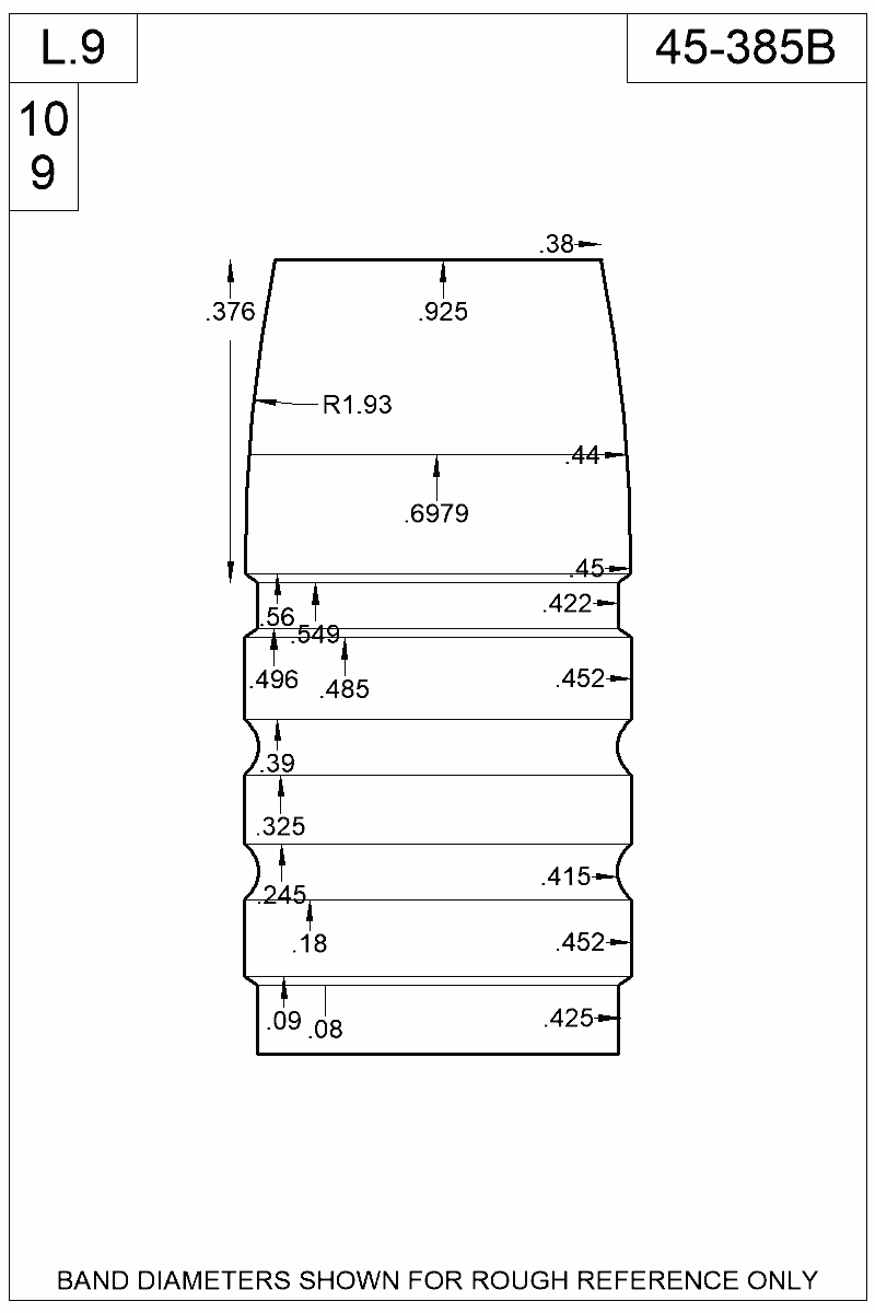 Accurate Molds catalog #45-385B Dimensioned view of bullet 45-385B