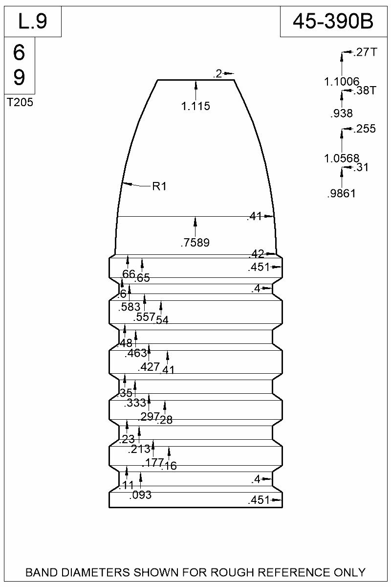 Dimensioned view of bullet 45-390B