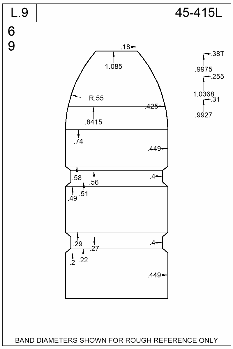 Dimensioned view of bullet 45-415L