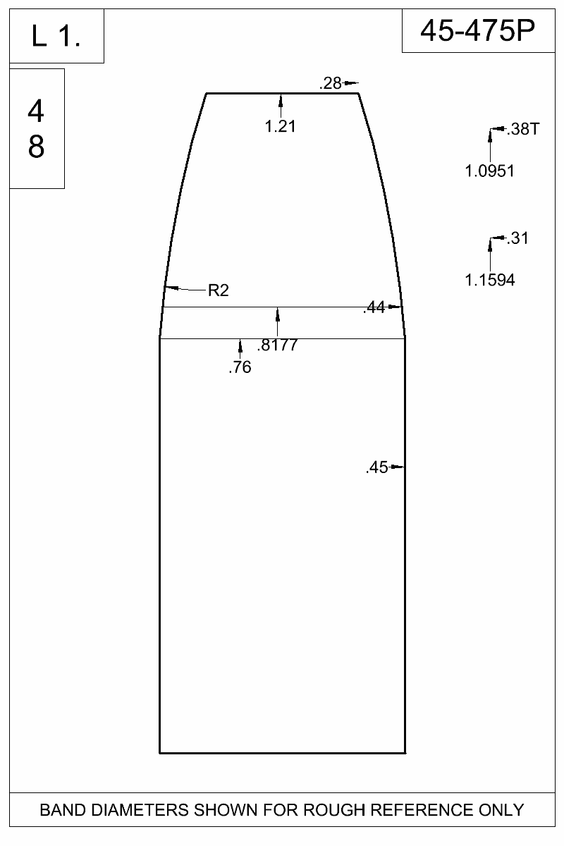 Dimensioned view of bullet 45-475P