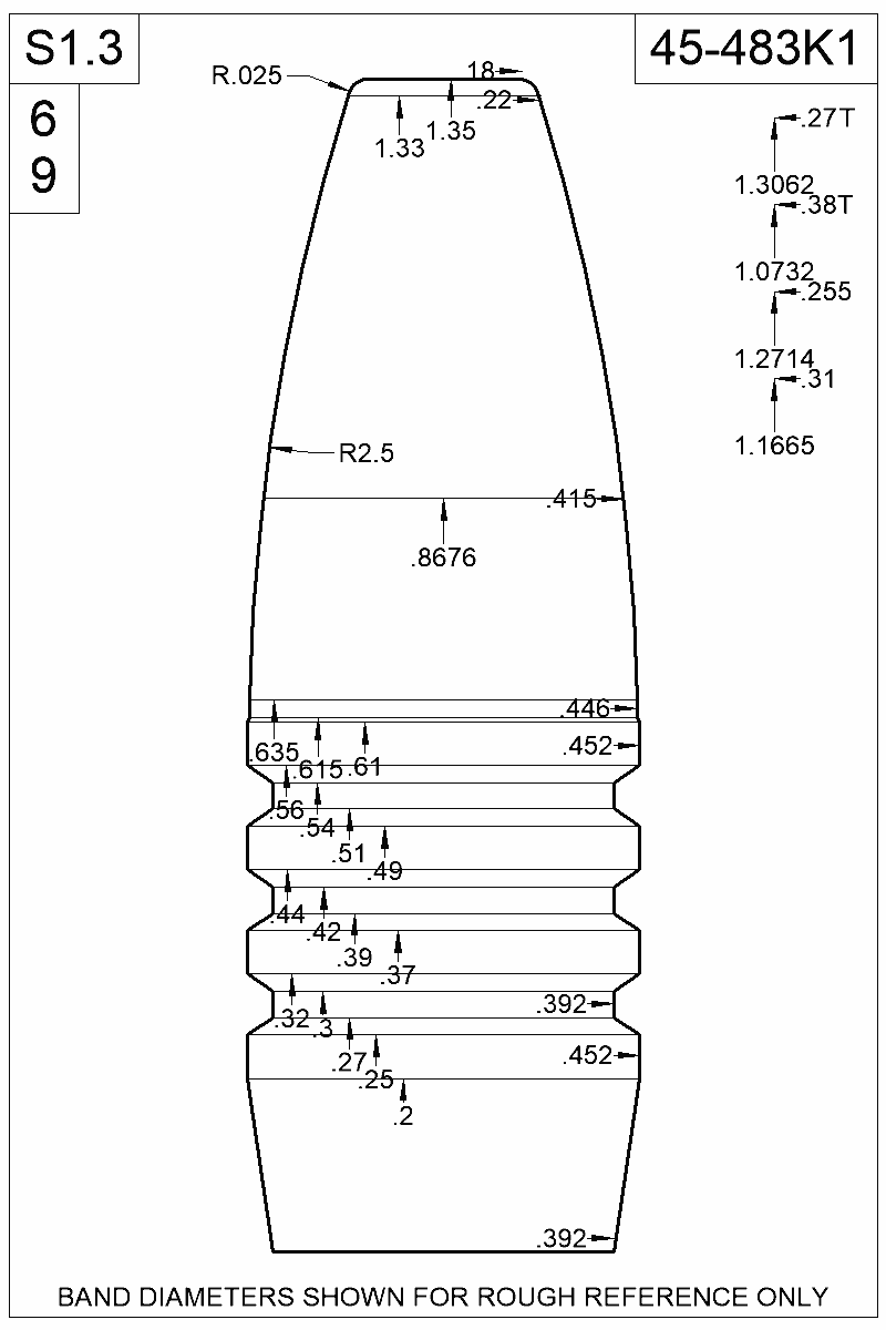 Dimensioned view of bullet 45-483K1