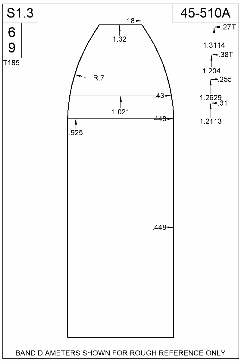 Dimensioned view of bullet 45-510A