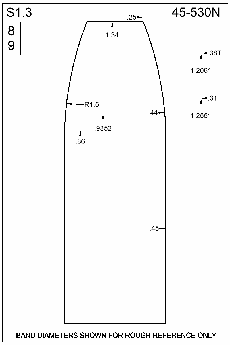 Dimensioned view of bullet 45-530N