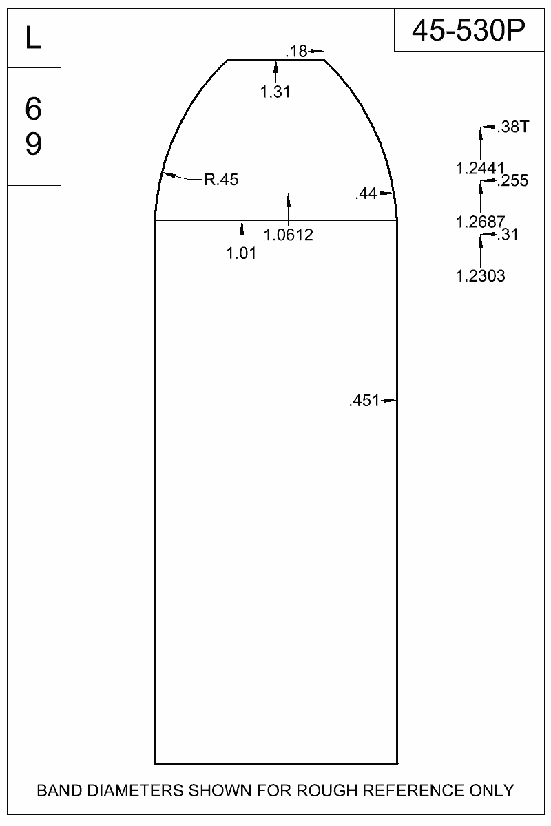 Dimensioned view of bullet 45-530P