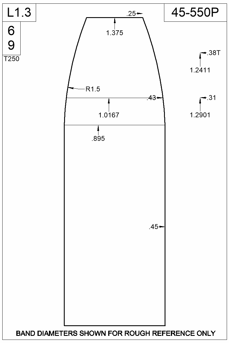 Dimensioned view of bullet 45-550P