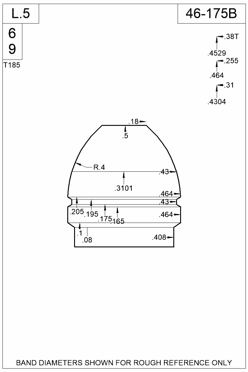 Dimensioned view of bullet 46-175B