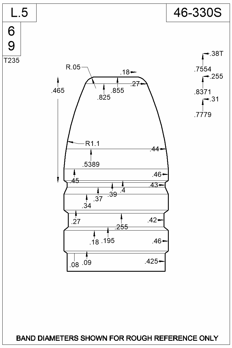 Dimensioned view of bullet 46-330S