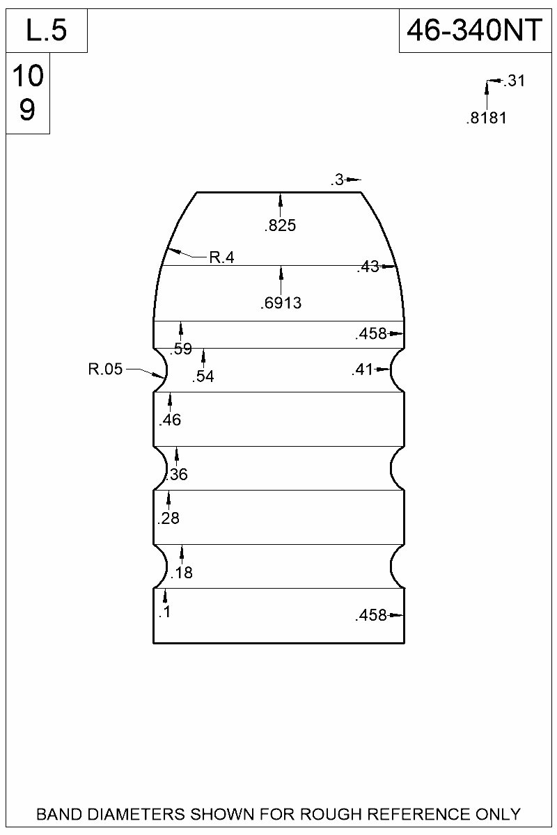 Accurate Molds catalog #46-340NT Dimensioned view of bullet 46-340NT