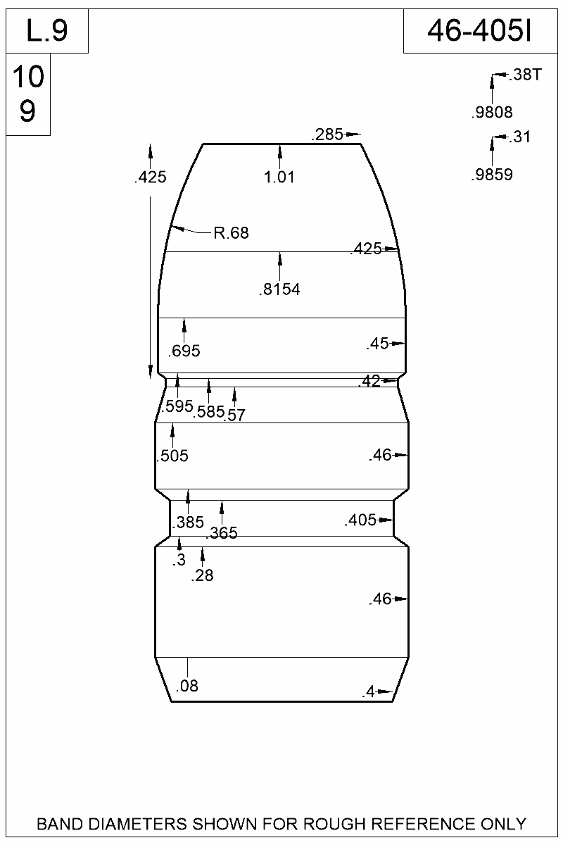 Accurate Molds catalog #46-405I Dimensioned view of bullet 46-405I