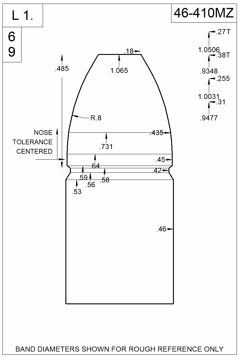 Dimensioned view of bullet 46-410MZ