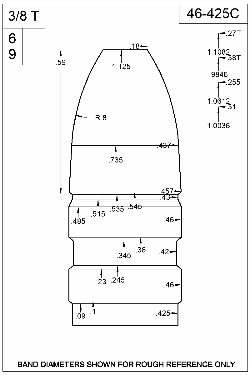 Dimensioned view of bullet 46-425C