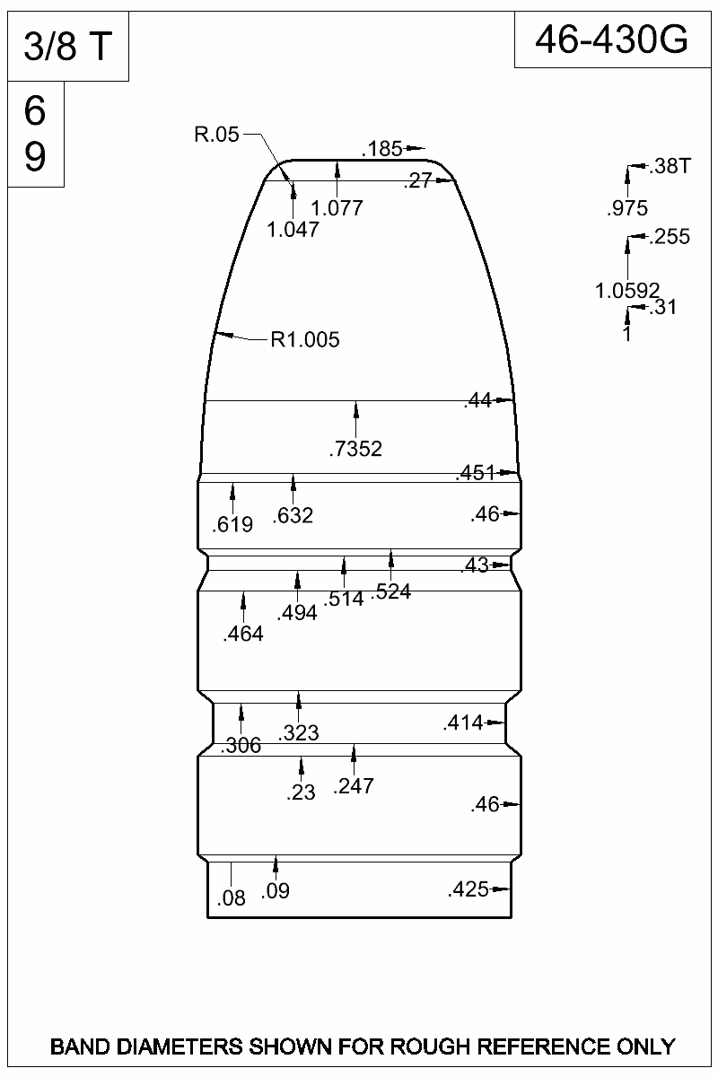 Dimensioned view of bullet 46-430G