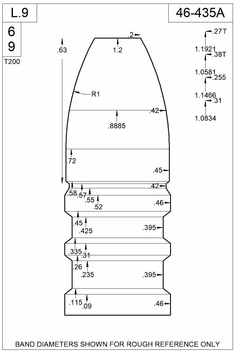 Dimensioned view of bullet 46-435A