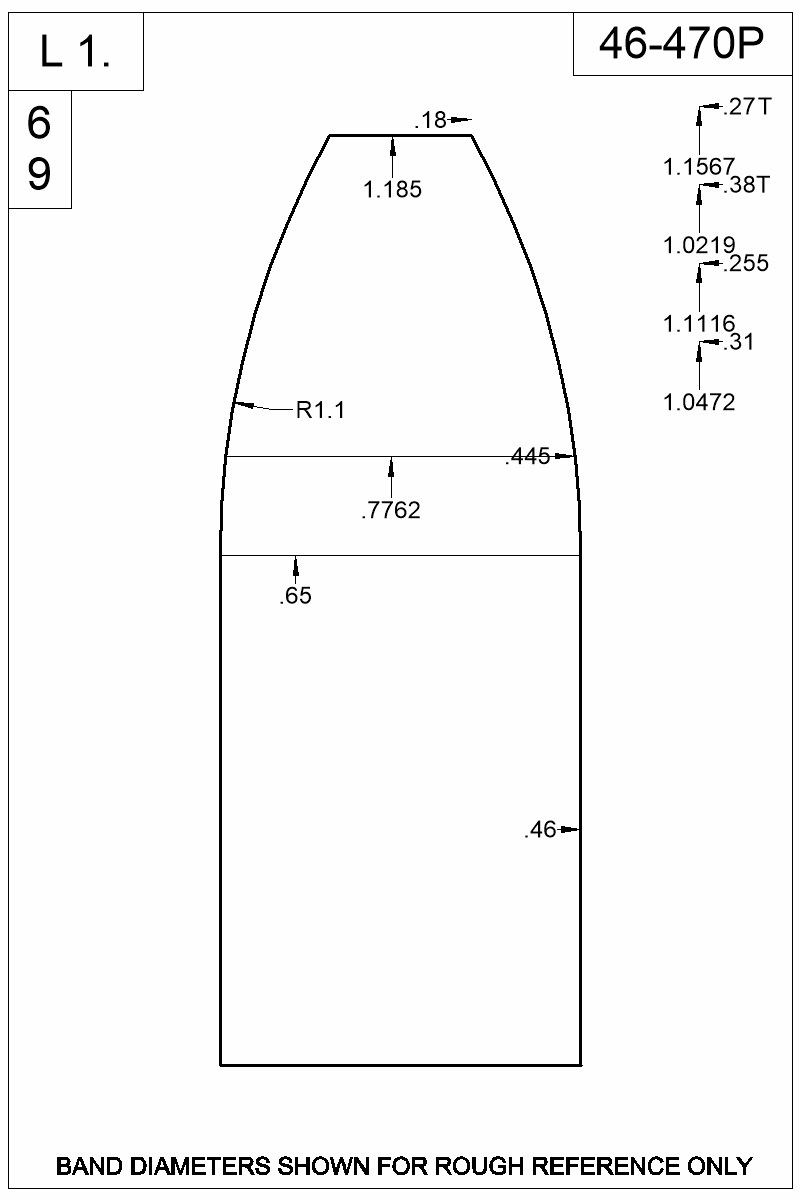 Dimensioned view of bullet 46-470P