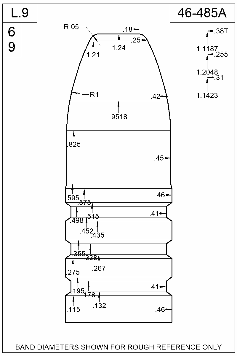 Dimensioned view of bullet 46-485A