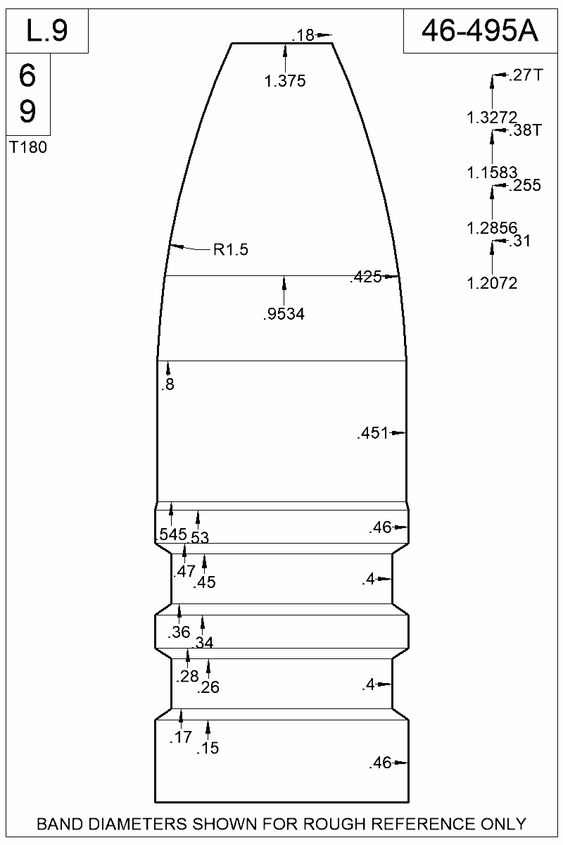 Dimensioned view of bullet 46-495A