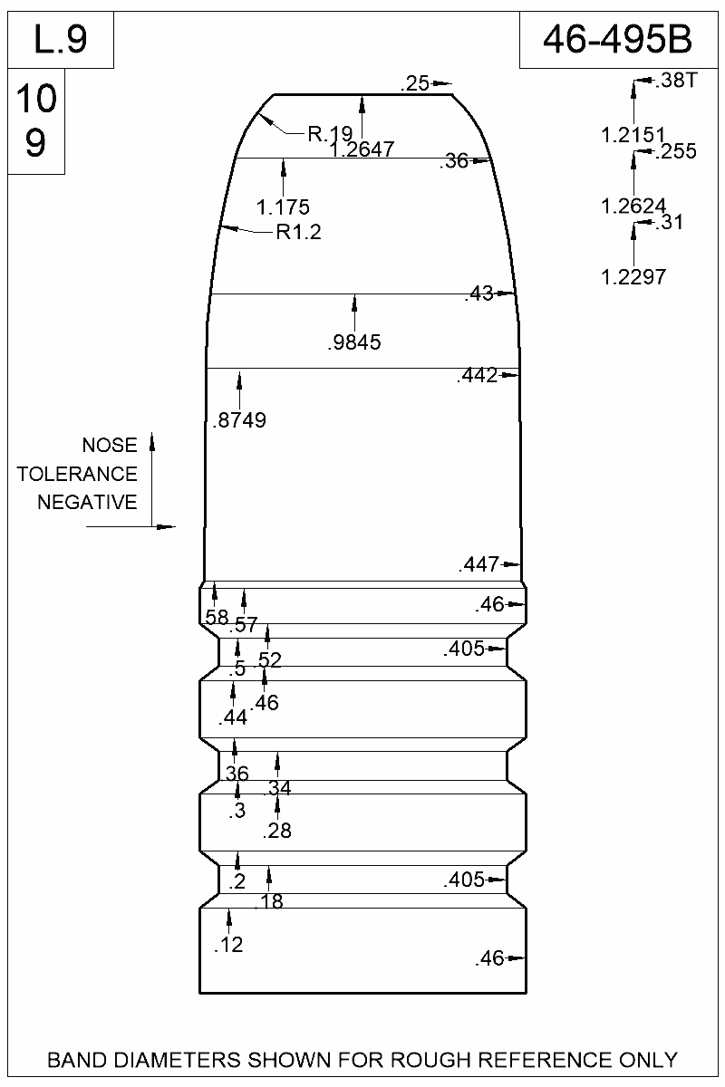 Accurate Molds catalog #46-495B Dimensioned view of bullet 46-495B