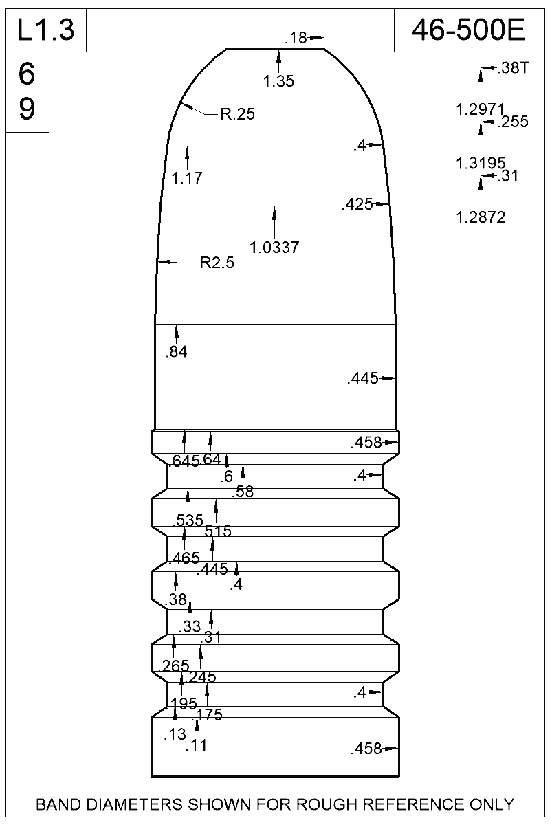Dimensioned view of bullet 46-500E
