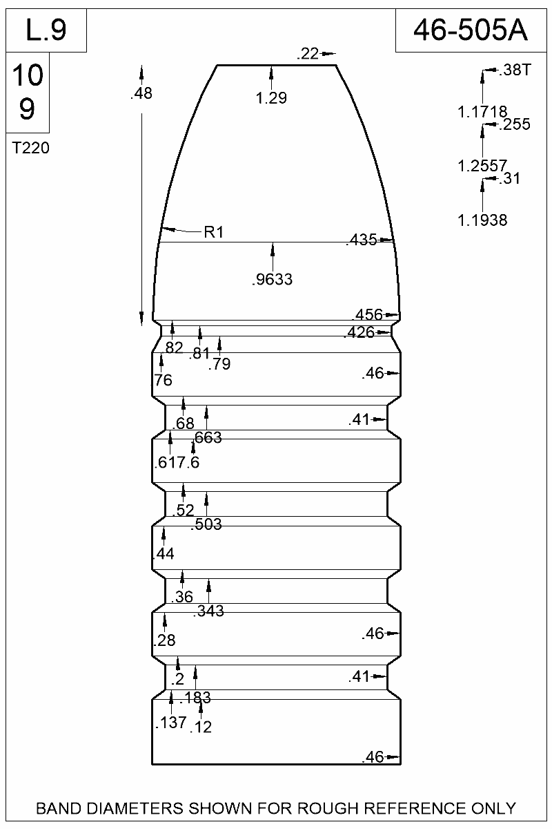 Dimensioned view of bullet 46-505A